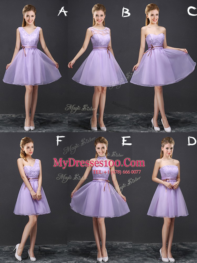 Modern Lavender Quinceanera Dama Dress Prom and Party and Wedding Party and For with Lace One Shoulder Sleeveless Lace Up