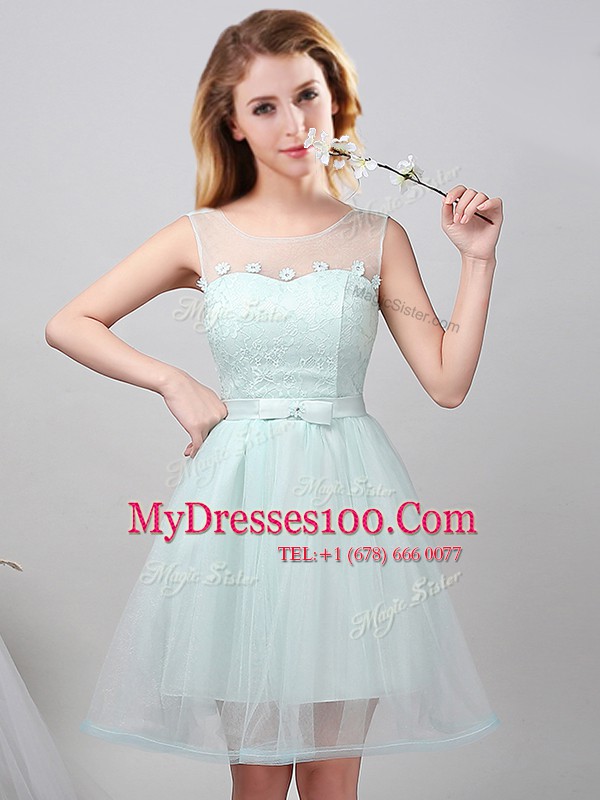 Tulle Off The Shoulder Sleeveless Lace Up Lace and Appliques and Belt Bridesmaids Dress in Apple Green