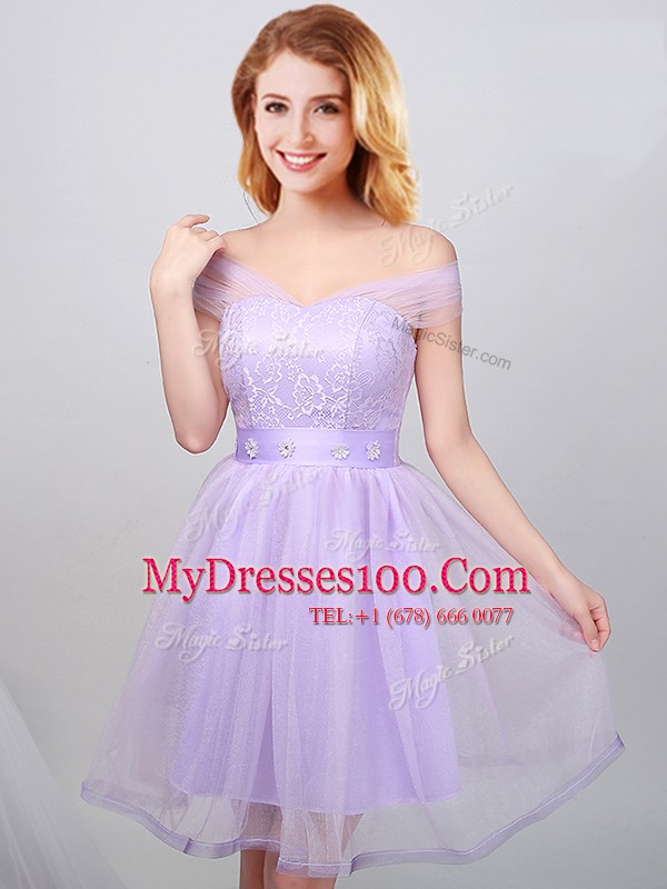 Off the Shoulder Lavender Tulle Lace Up Wedding Guest Dresses Sleeveless Mini Length Lace and Appliques and Belt