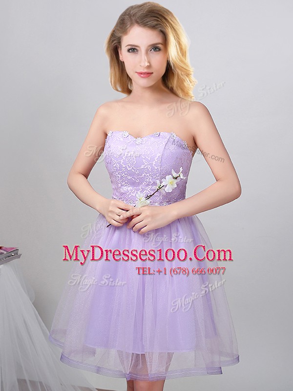 Off the Shoulder Lavender Tulle Lace Up Wedding Guest Dresses Sleeveless Mini Length Lace and Appliques and Belt