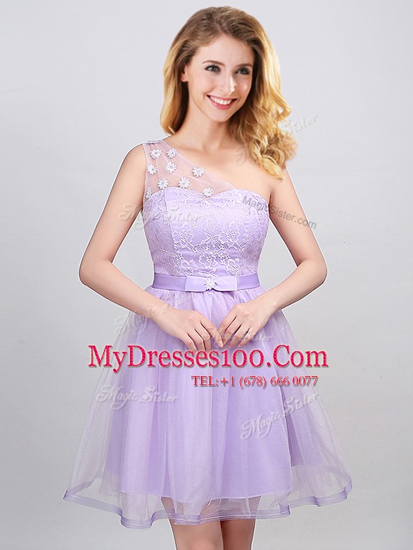 Off the Shoulder Lavender Tulle Lace Up Wedding Guest Dresses Sleeveless Mini Length Lace and Appliques and Belt