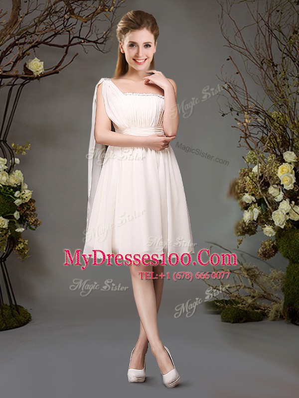 Sweet One Shoulder Sleeveless Chiffon Mini Length Zipper Quinceanera Court Dresses in Champagne with Beading and Ruching