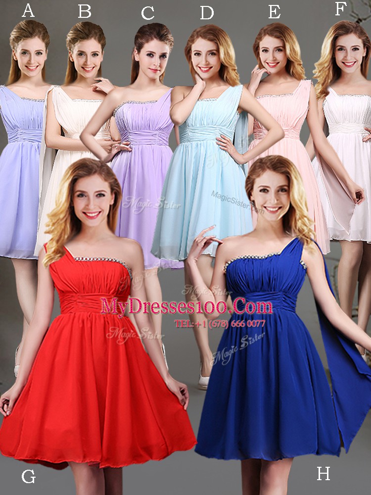 Sweet One Shoulder Sleeveless Chiffon Mini Length Zipper Quinceanera Court Dresses in Champagne with Beading and Ruching