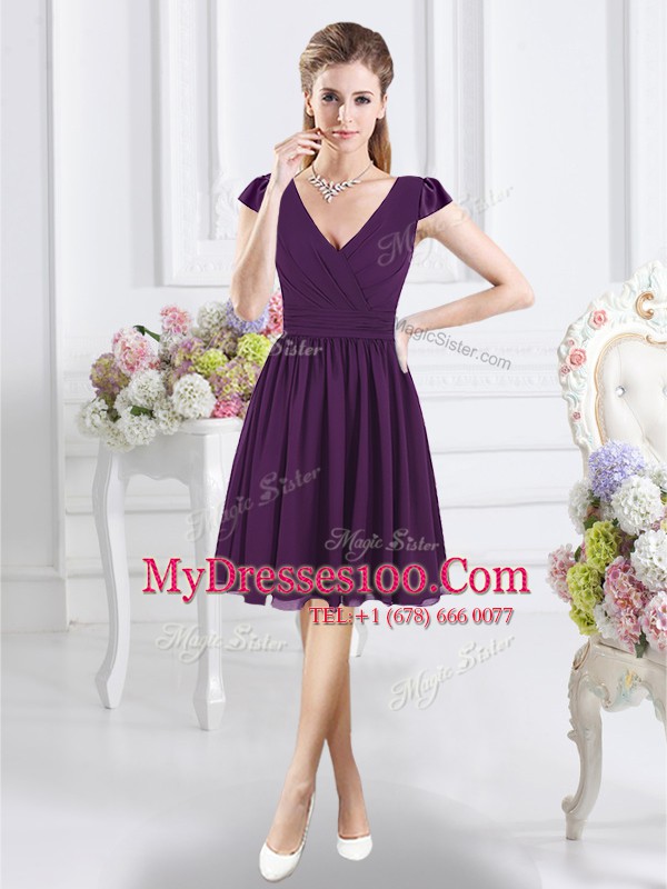 Nice Purple V-neck Zipper Ruching Vestidos de Damas Cap Sleeves