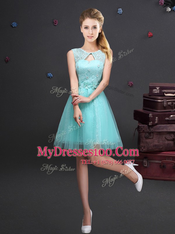 Scoop Mini Length Aqua Blue Bridesmaid Dresses Tulle Sleeveless Lace and Appliques and Belt