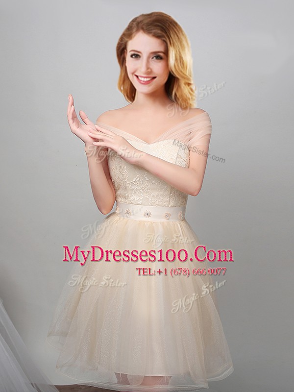 Fashionable Off The Shoulder Short Sleeves Vestidos de Damas Mini Length Lace and Appliques and Belt Champagne Tulle