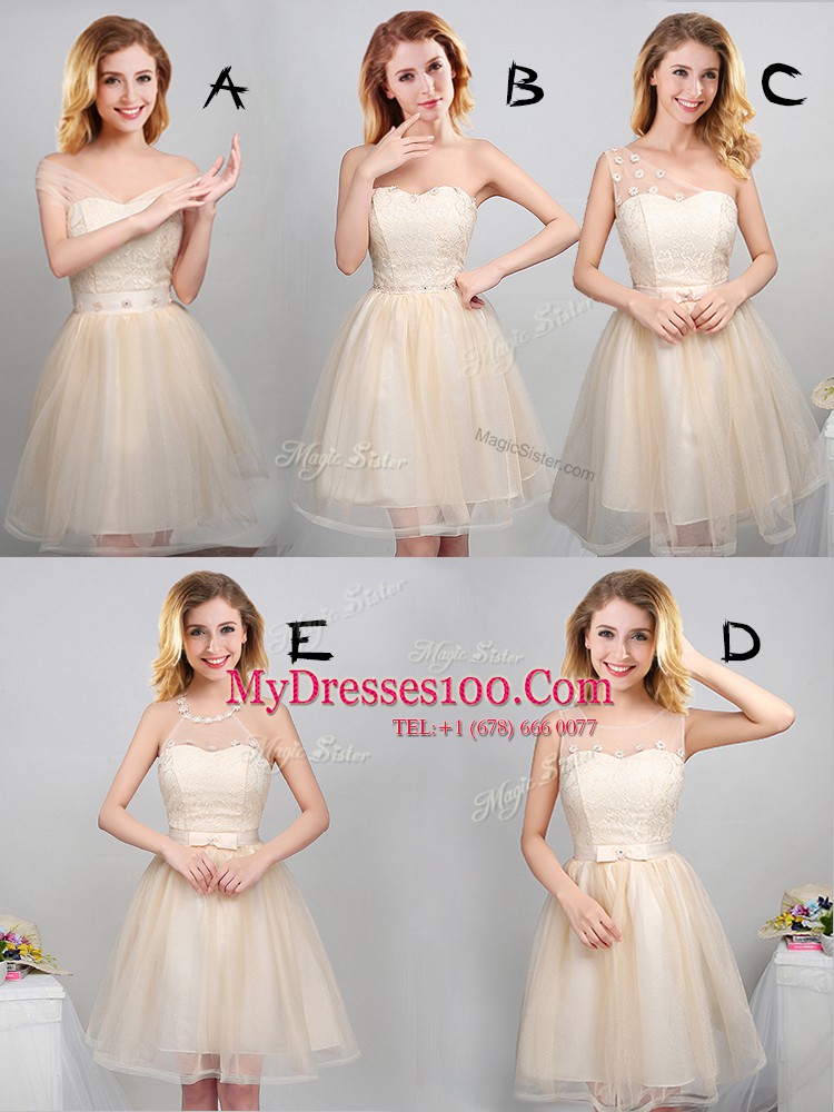 Fashionable Off The Shoulder Short Sleeves Vestidos de Damas Mini Length Lace and Appliques and Belt Champagne Tulle