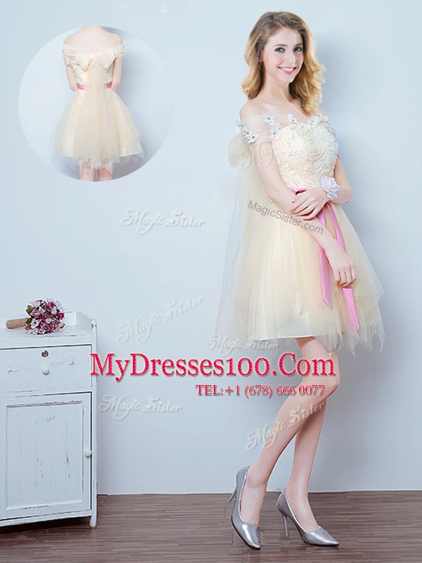 Custom Made Champagne Scoop Lace Up Lace and Appliques and Ruffles and Bowknot Bridesmaid Dress Sleeveless