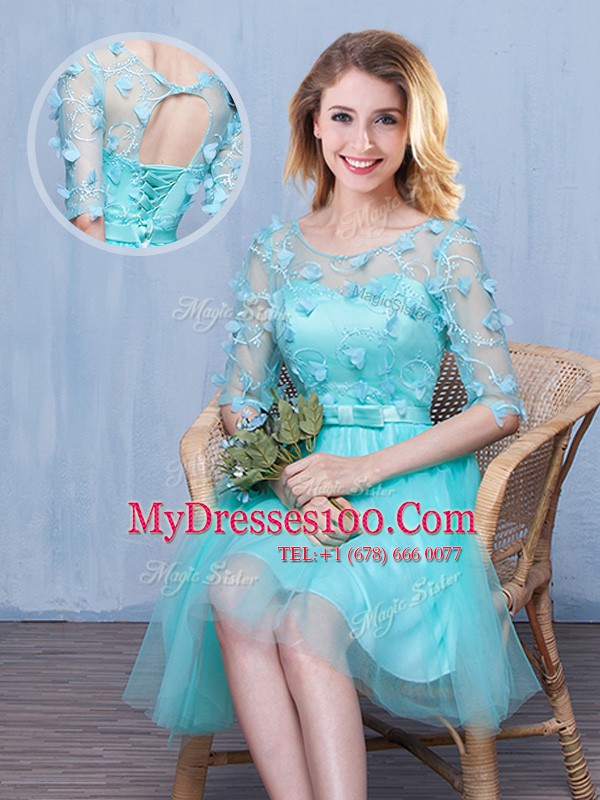 New Style Scoop Aqua Blue Lace Up Wedding Party Dress Lace and Appliques and Bowknot Sleeveless Knee Length