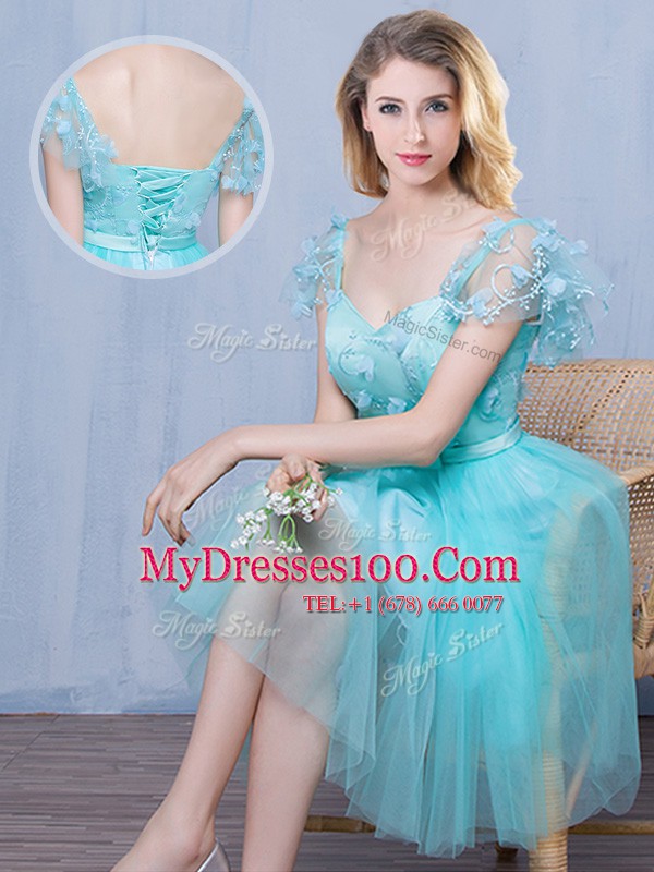 New Style Scoop Aqua Blue Lace Up Wedding Party Dress Lace and Appliques and Bowknot Sleeveless Knee Length