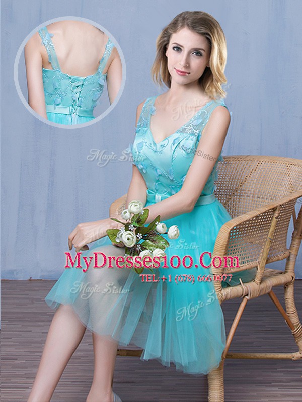 New Style Scoop Aqua Blue Lace Up Wedding Party Dress Lace and Appliques and Bowknot Sleeveless Knee Length