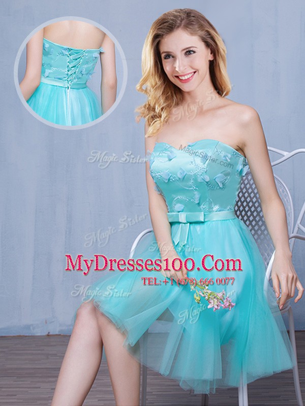 New Style Scoop Aqua Blue Lace Up Wedding Party Dress Lace and Appliques and Bowknot Sleeveless Knee Length