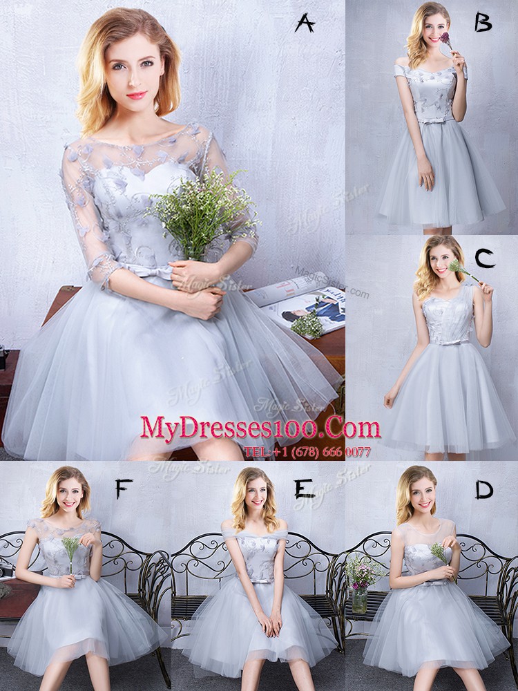 Grey Off The Shoulder Lace Up Appliques and Belt Quinceanera Court of Honor Dress Sleeveless