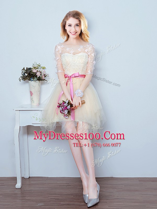 Colorful Champagne Lace Up Scoop Lace and Appliques and Ruffles and Bowknot Bridesmaid Gown Tulle Half Sleeves