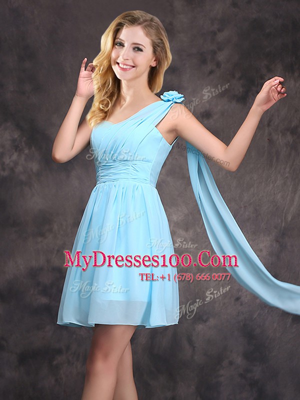 One Shoulder Sleeveless Mini Length Ruching and Hand Made Flower Zipper Bridesmaid Dress with Baby Blue