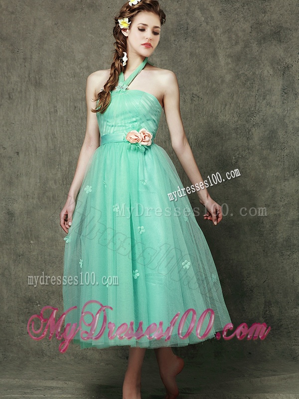 Exclusive Hand Made Flowers Ankle Length Bridesmaid Dress in Apple Green