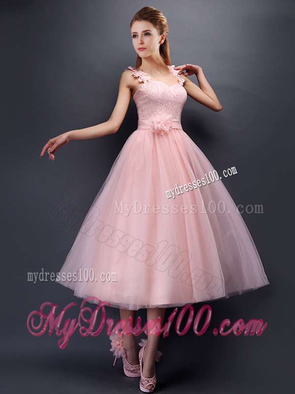 Most Popular Baby Pink Tulle Bridesmaid Dress in Tea Length