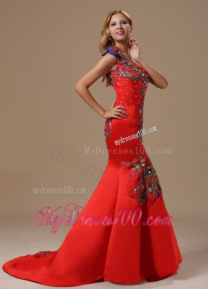 Mermaid Red and One Shoulder For 2013 Prom Dress With Embroidery