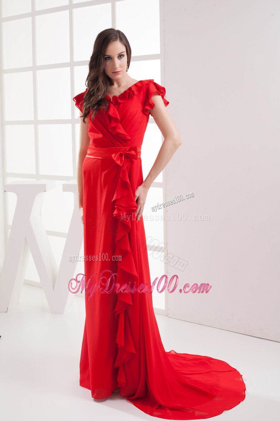 Red Short Sleeves Bow V-neck Ruffles Celebrity Dresses in 2013