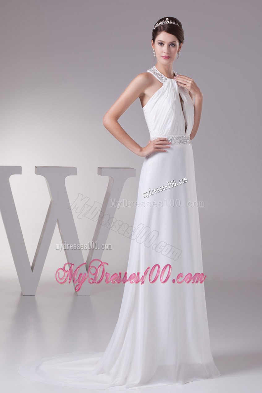 2013 Beaded Halter Top Empire Wedding Dress With Sweep Train