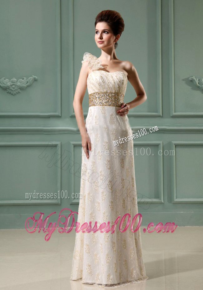 Beading Column One Shoulder Long Wedding Dress with Champagne