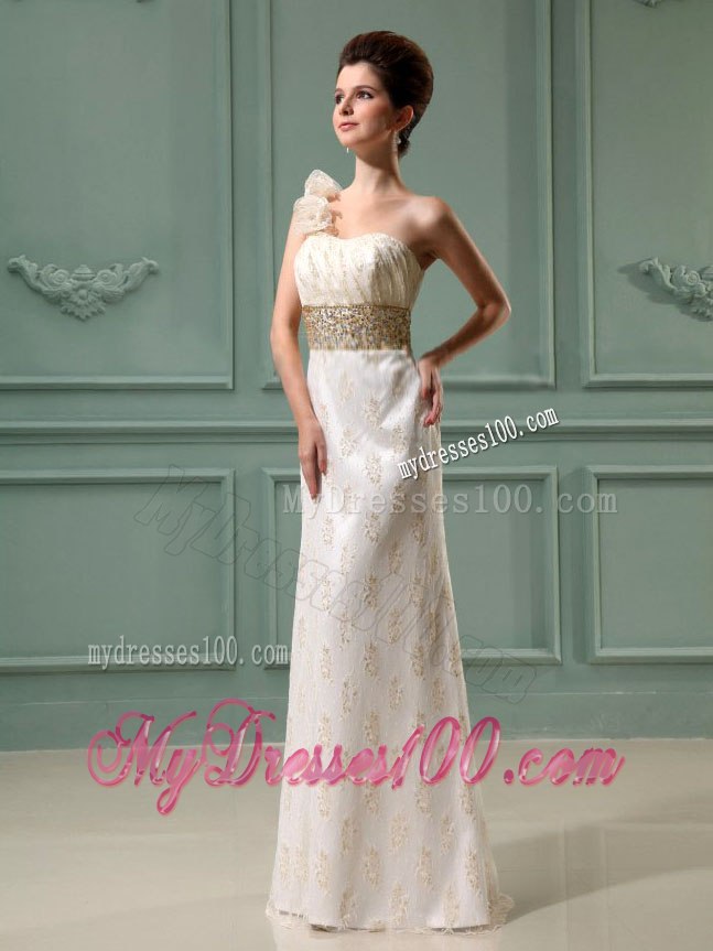 Beading Column One Shoulder Long Wedding Dress with Champagne