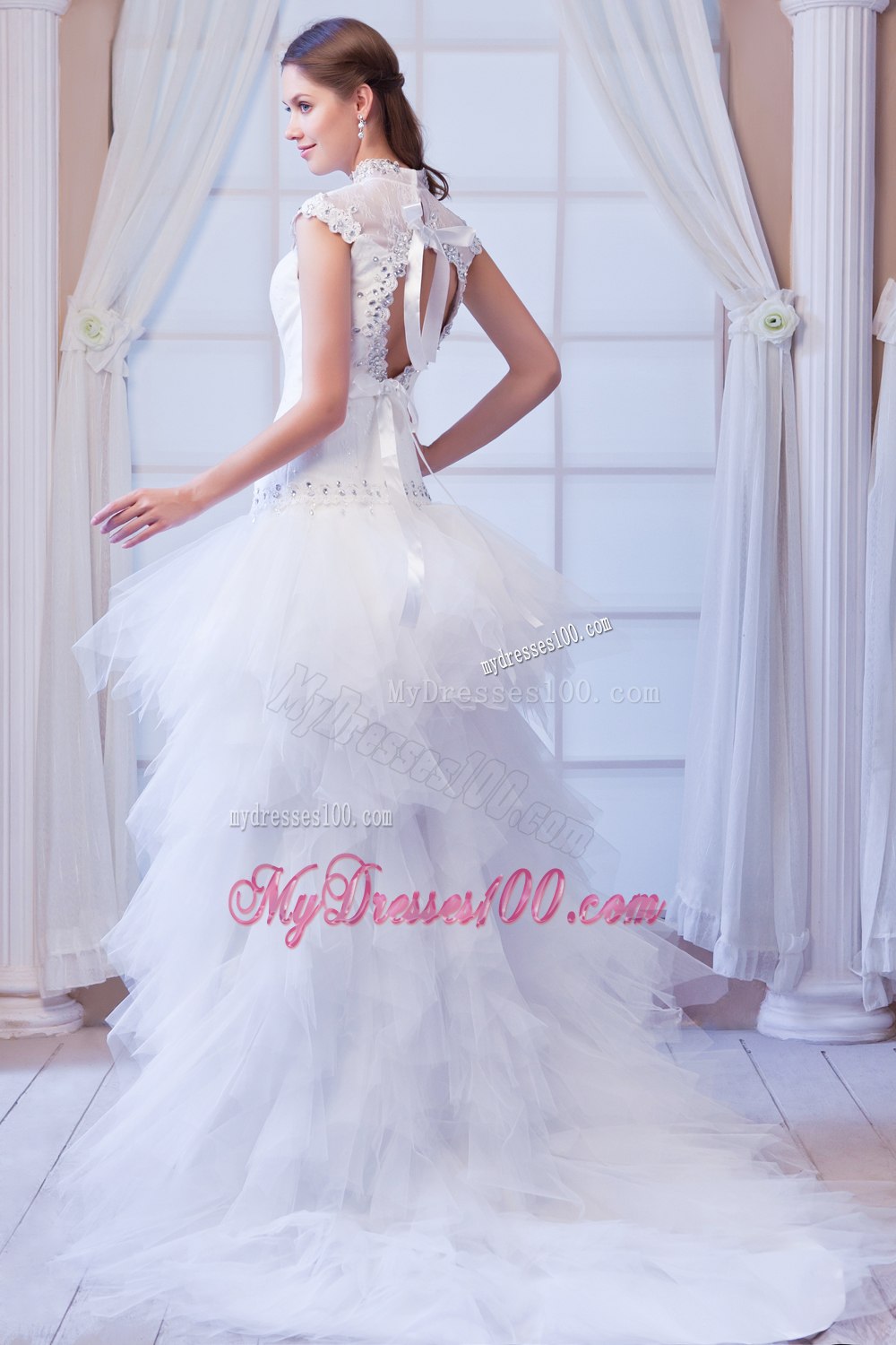 Beautiful High-neck High-Low Beading Beach Wedding Dresses