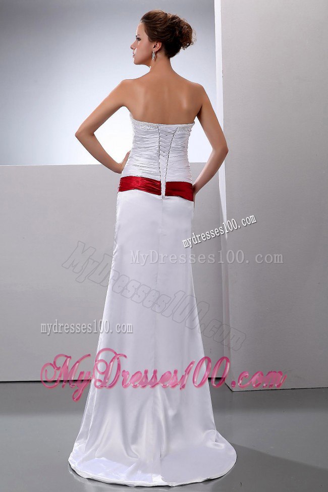 Column Strapless Ruched Sweep Train Wedding Dress with Red Sash