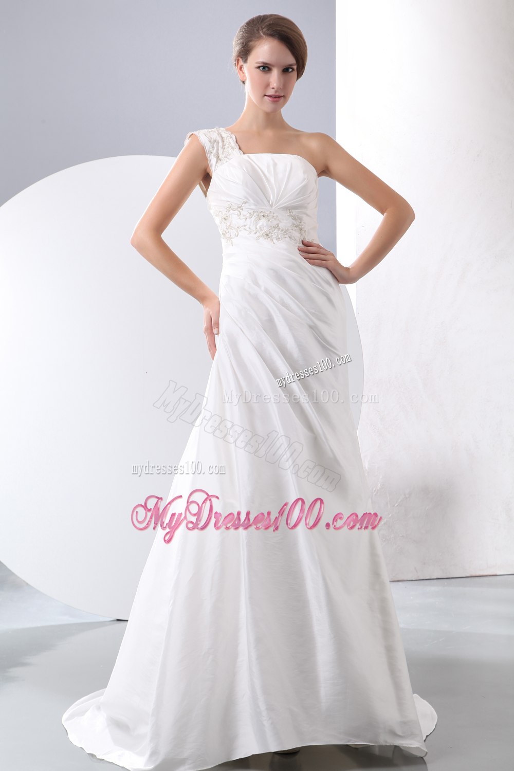 Elegant Column One Shoulder Court Train Embroidery Wedding Dress