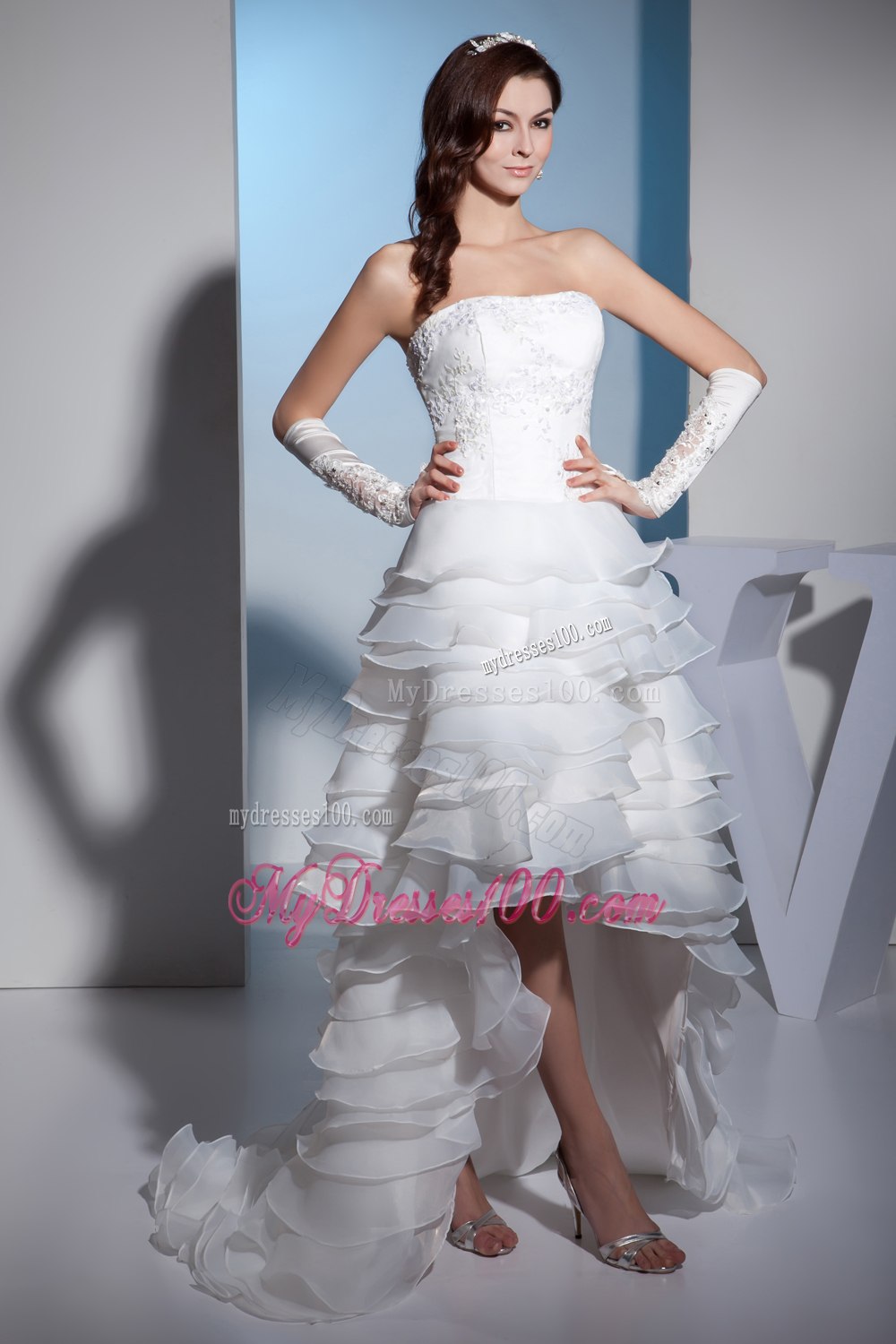 Lace and Ruffled Layers High-low Brush Train Strapless Wedding Dress