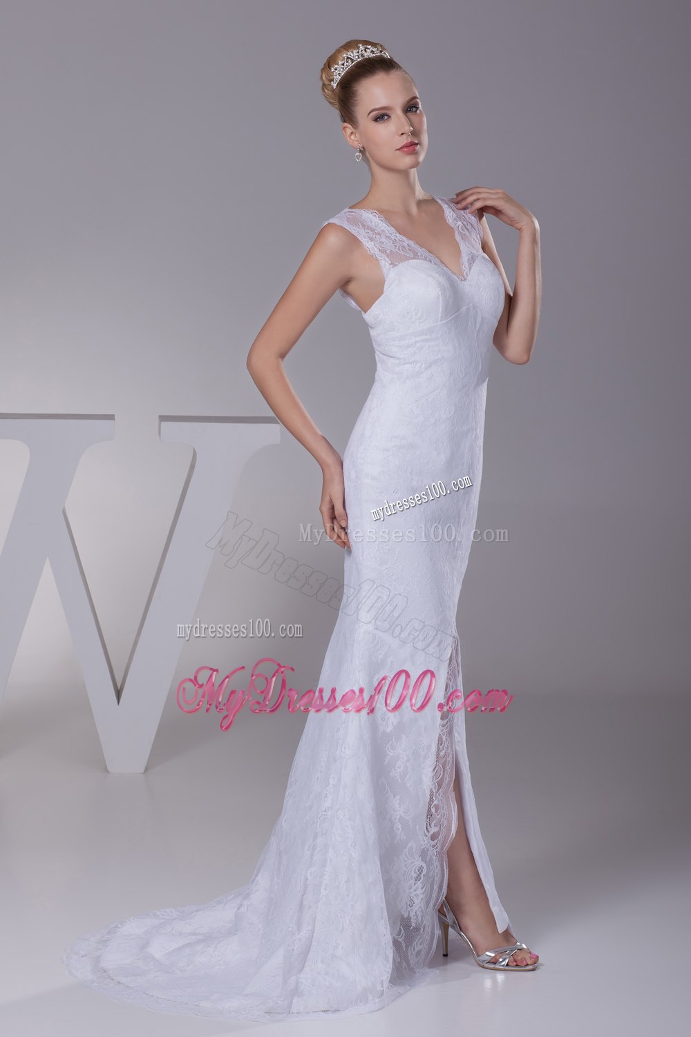 Mermaid V-neck High Slit Brush Train Wedding Dress