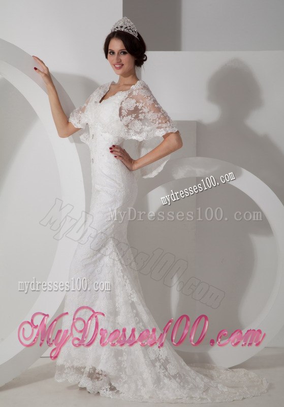 New Arrival Column V-neck Brush Train Lace Wedding Dress for Hall