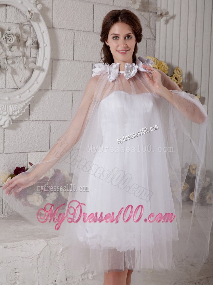 Cheap Column Strapless Short Hand Made Flowers Beach Wedding Dress