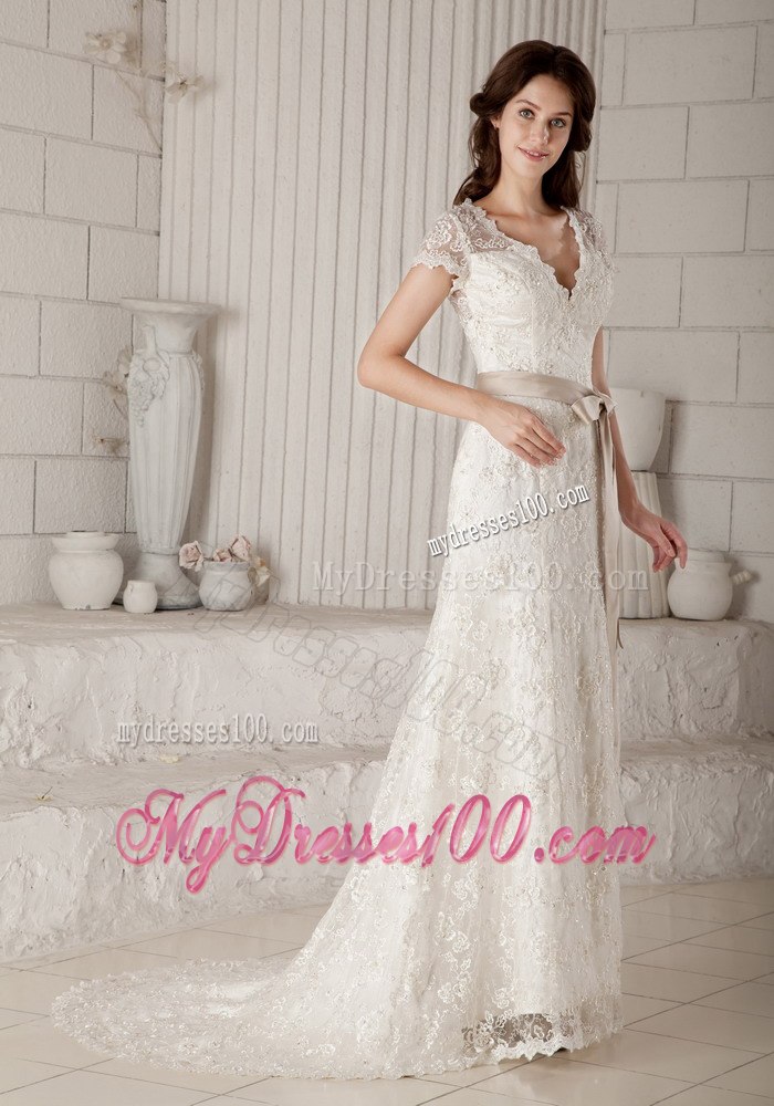 Pretty Column Sheath V-neck Bow Short Sleeves Wedding Dresses