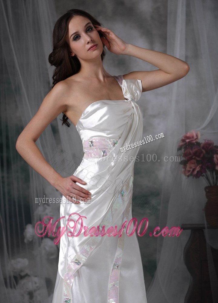 Pretty Column One Shoulder long Beading and Ruching Wedding Dress