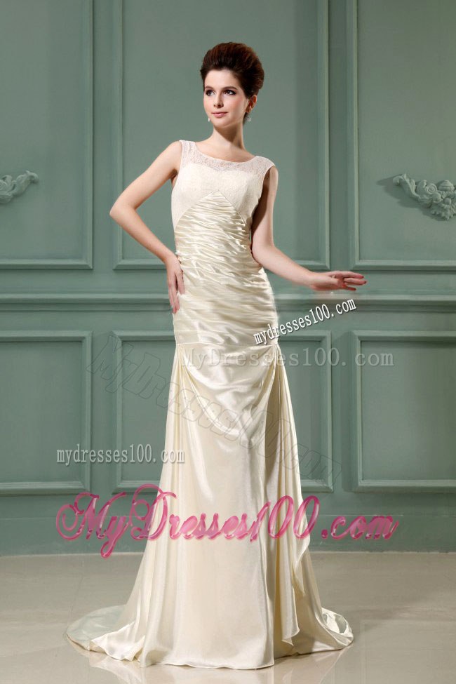 Ruched Scoop Column Champagne Brush Train Beach Wedding Dress