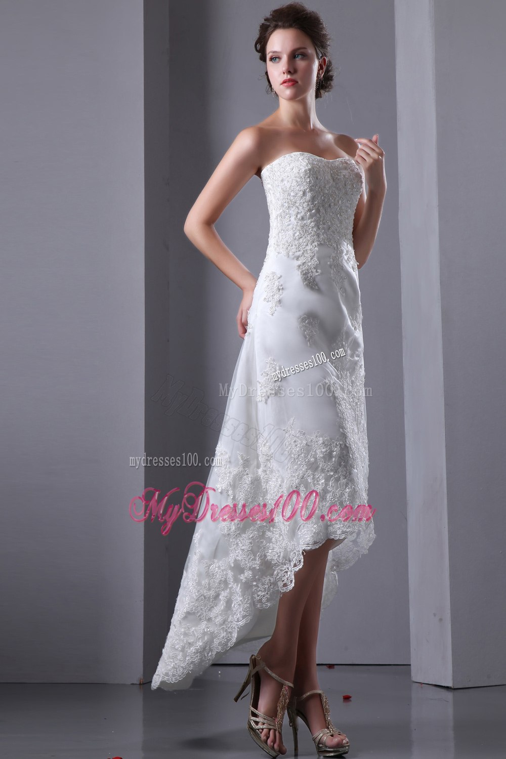 Sexy Column Strapless Strapless High-low Lace Appliques Wedding Dress