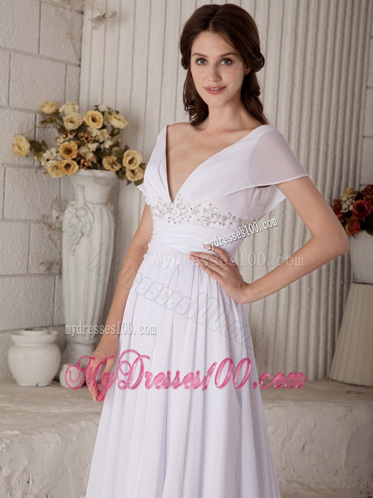 Sexy Empire V-neck Brush Train Beading Short Sleeves Wedding Dress