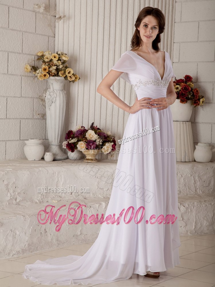 Sexy Empire V-neck Brush Train Beading Short Sleeves Wedding Dress