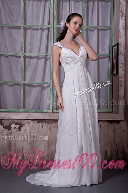 Simple V-neck Brush Train Appliques Cap Sleeves Wedding Dresses