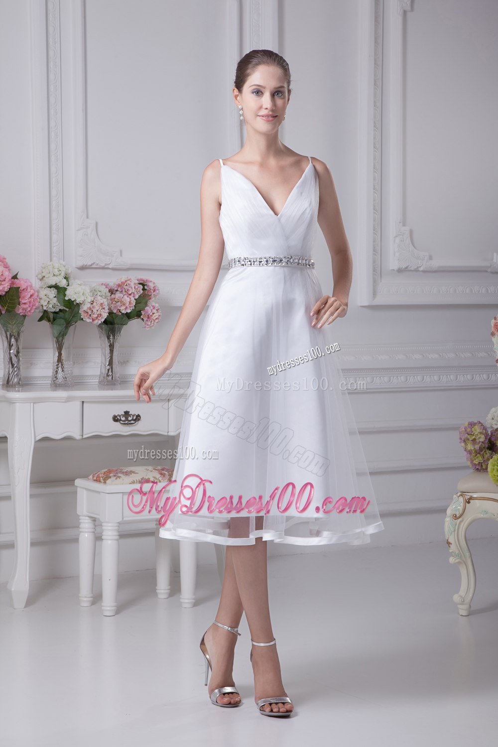 V-neck Knee-length Beading A-line Wedding Dress