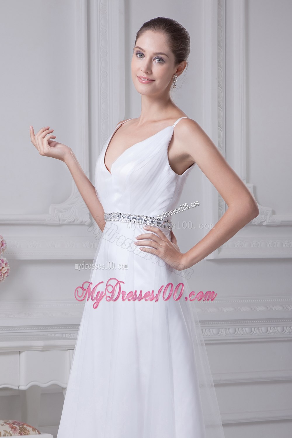 V-neck Knee-length Beading A-line Wedding Dress