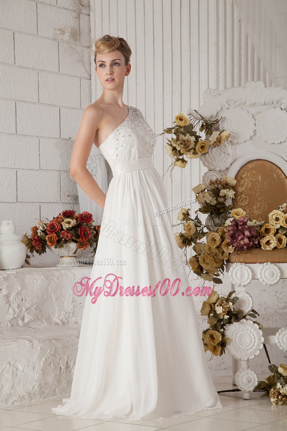 Affordable Empire One Shoulder Floor-length Beading Wedding Dress