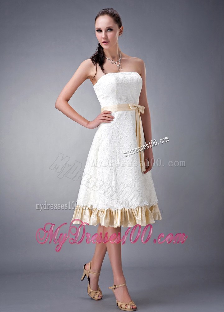 Champagne Princess Tea-length Strapless Lace Beach Wedding Dresses