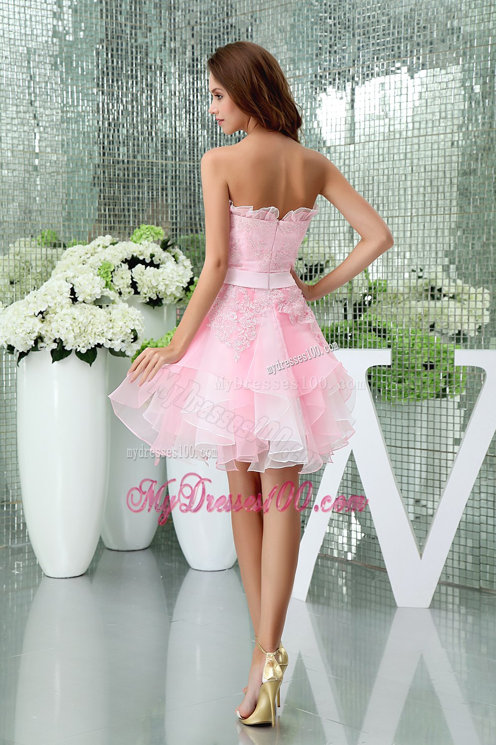 Baby Pink Strapless Ruffles Lace Sash Cocktail Dress for Girl