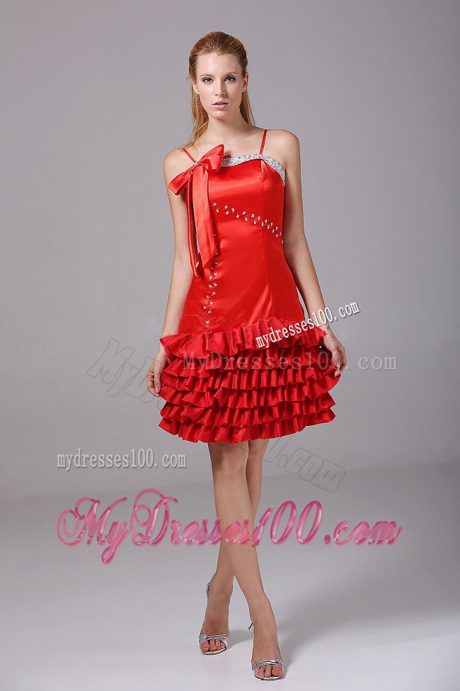 Beading and Bowknot Ruffled Layers Red Spaghetti Straps Prom Dress