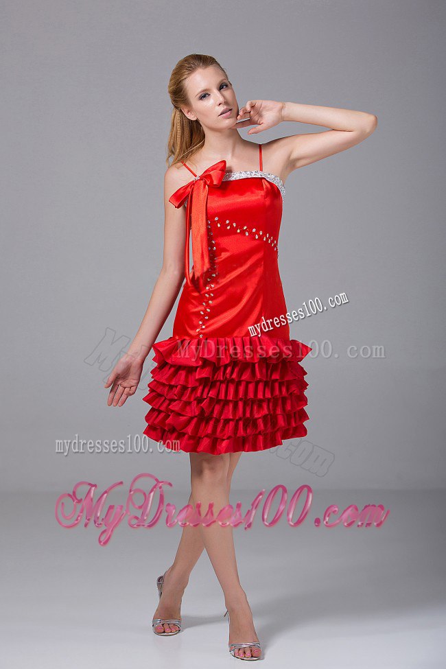 Beading and Bowknot Ruffled Layers Red Spaghetti Straps Prom Dress