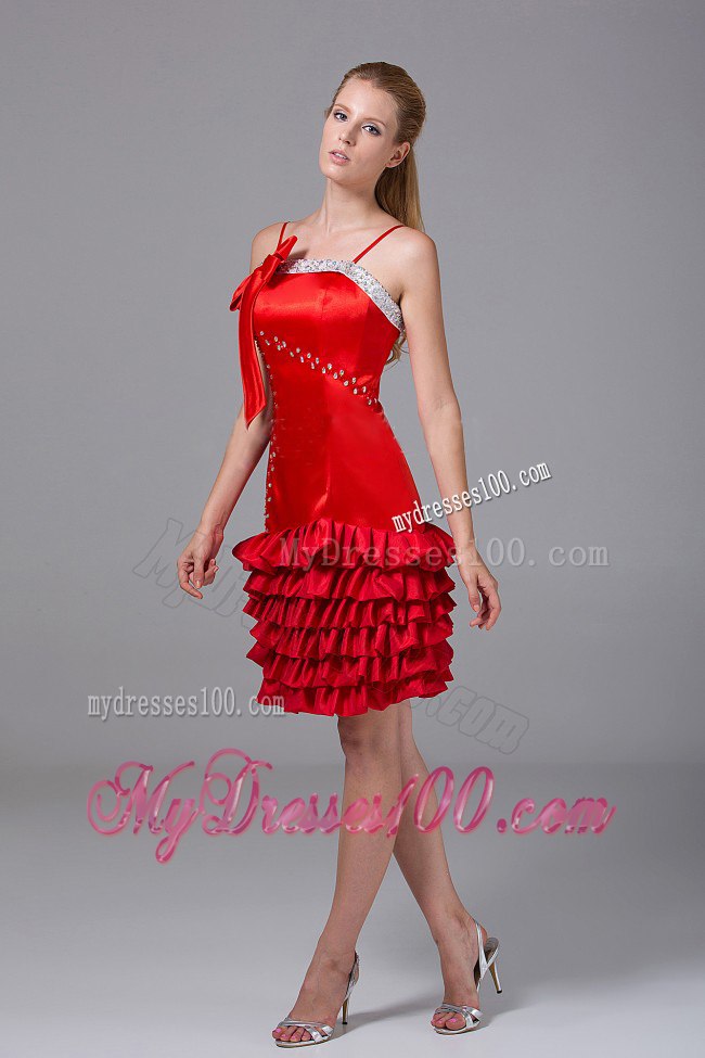 Beading and Bowknot Ruffled Layers Red Spaghetti Straps Prom Dress