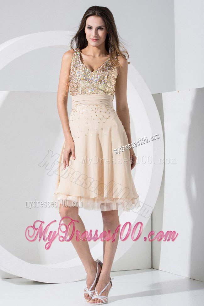 Champagne Prom Cocktail Dress With Sequin V-neck for Cheap 2013