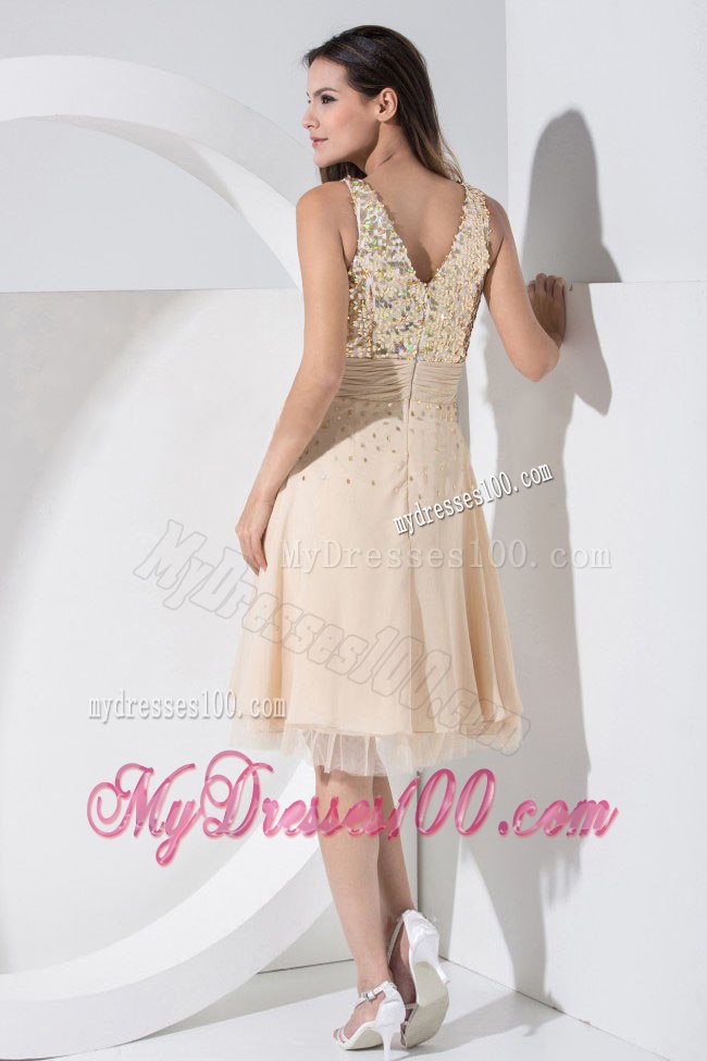 Champagne Prom Cocktail Dress With Sequin V-neck for Cheap 2013